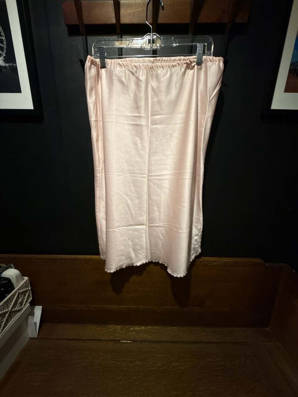 Women's Satin Soft embroidered Trim Flared Hem Lightweight Solid Pink Half Slip